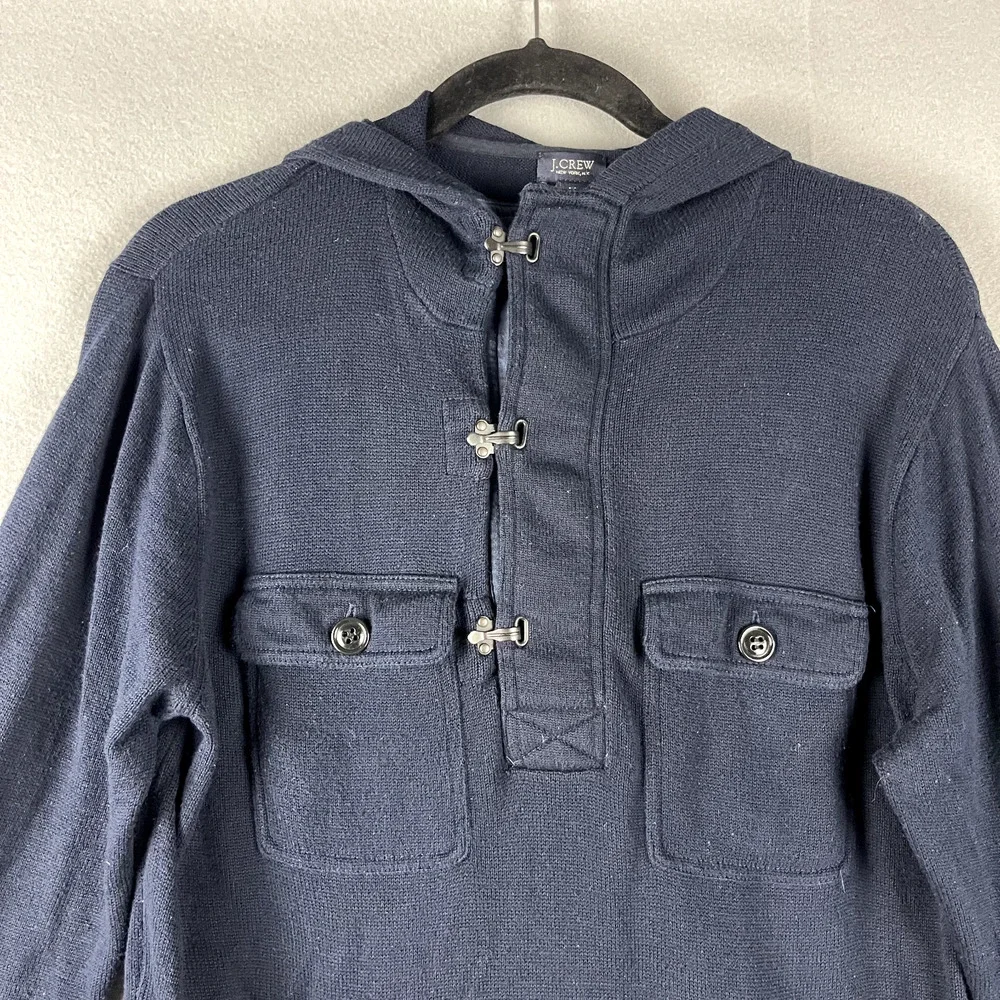 J Crew Hooded Sweater Mens Medium Blue Clasp‎ Buckle Pockets Cotton Pullover